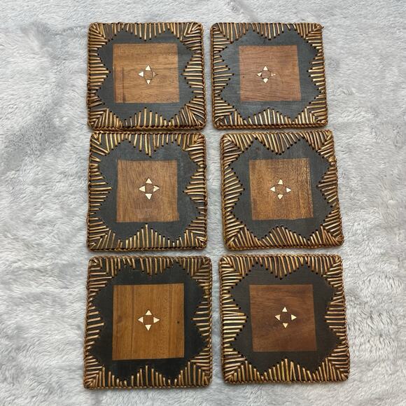 Vintage Wicker Rattan Woven Coasters Holder Set of 6 Tiki Bar Boho Rustic - Picture 4 of 6